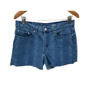 Levis Denim Shorts Womens 12 Blue Floral Embroidered Cutoff Hippie Summer Boho